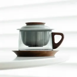 يتجهيس Teaware 200 مل من فنجان شاي زجاجي رائع مع مرشح خزفي ومقبض خشبي صحن شاي أكواب شاي زهرة فاكهة القدح مملوءة