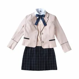 Estudante universitário coreano outono inverno terno uniforme rosa terno jaqueta camisola colete grade saia curta ternos menina escola jk dres c5l8 #