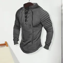 Herrtröjor män ruched topp långärmad solid färg retro stativ krage snörning pullover toppar stilig veckad hoodie