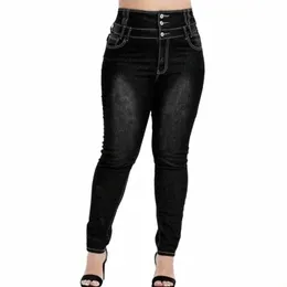 Plus Size Butt Up Skinny Preto Cinza LG Jeans 4XL 5XL Mulheres Primavera Cintura Alta Estiramento Skinny Thin Denim Calças Senhora Calças f8Xb #