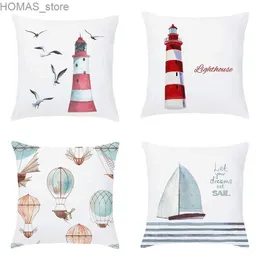 Kudde European Cartoon Sailboat Hot Air Balloon Lighthouse Cushion Cover SOFA Office Seat Home Decoration 45x45cm Y240401