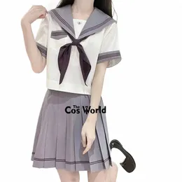 Японский фиолетовый опрятный с коротким рукавом Летний матросский костюм Топы Юбки Базовая школьная форма JK Класс Студенты Ткань Y8Hn #