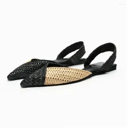 Buty zwykłe Traf Braid Flat Sandals for Women 2024 Summen TOE Slingbacks buty żółte czarne, splatane niskie obcasy kwadratowe