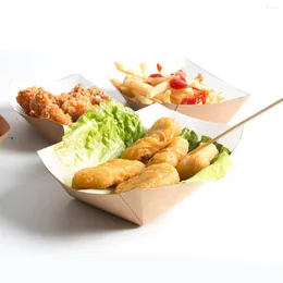 Disposable Dinnerware 100Pcs Paper Trays Kraft Fast Paperboard Basket Take- Out Snack Serving Boats For Fries Corn Dogs ( Assorted