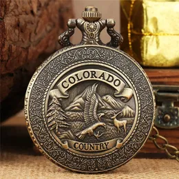 Relógios vintage colorado eagle design masculino feminino quartzo analógico relógio de bolso com colar pingente corrente colecionável timepiece262w