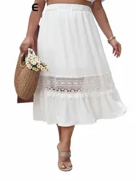 Gibsie Plus Ctrast Lace Elastyczna talia A-line Kobiety 2024 Spring Summer White Boho Casual Vacati LG Spurts M1SB#