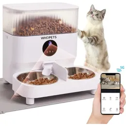 Automatiska kattmatare WHDPETS 5G WiFi Cat Food Dispenser med 1080p kamera för 2 katter hundar 5l husdjursmatare med matningsmatta 240328