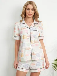 Home Clothing Women Summer Kawaii 2 Piece Pajamas Sets Short Sleeve Bread Print Button Up Shirts Tops Shorts Loungewear