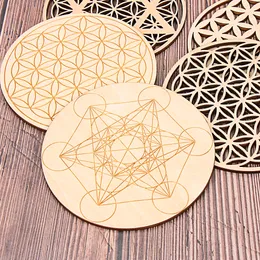 Símbolo natural da flor da vida de chakra 7 tipos Círculos de borda redonda de madeira Coaster esculpida para cura de decoração de cristal de pedra