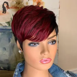Ombre 1B/99J Red Pixie Short Cut Bob Wigs Women Remy Human Hair Brazilian Straight Pixie Wig Bang Full Machine Made