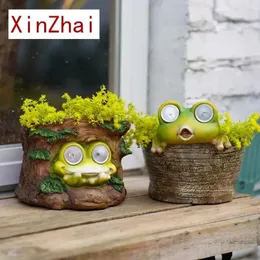 Garden Decorations Vilead Resin Frog Scuplture Flowerpot Sloar LED Outdoor Decoration Yard Patio Ornament Waterproof Courtyard Figurines