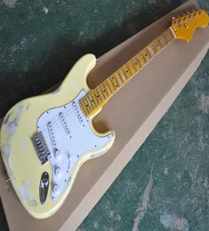 Chitarra elettrica retrò intera gialla di fabbrica con battipenna bianco Tastiera in acero smerlato Può essere personalizzato come richiesto4961568