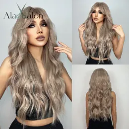 Wigs ALAN EATON Long Ash Blonde Wig for Women Blonde Wave Hair Wigs With Curtain Bangs Natural Light Brown Daily High Temperature Wig