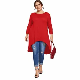 Plus Size Lg Sleeve Elegante Tunika T-Shirt Frauen Lg Hi Low Fit Flare Frühling Herbst Swing Bluse Tops Große Größe Kleidung 8XL 46dW #