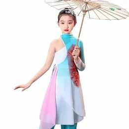 Barns klassiska Yangko -dansdräkter Fairy Elegant Embroidery Fan Paraply Dance Girls Ancient Chinese Hanfu Dancewear H1iu#