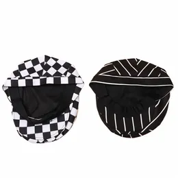 2pcs Restaurant Waiter Beret Kitchen Working Creative Chef Hat Comfortable Cooking Black White Stripe, Black White Grid 150b#