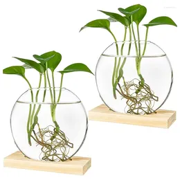 Vasen 4 x Desktop-Rundglas-Pflanzgefäß, Terrarium-Blumenvase mit Holzständer