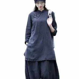 Biegły chińskiej odzieży damskiej Cable Linen Top Chinese Ethnic Style szlafroki retro chegsam Ulepszony han garnitur wiosna lato l49e#