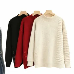 4xl Autumn Plus Size Jumper Woman Kläder Löst stickad Pullover Winter Fi Three Butts Hock Neck Patchwork Curve Sweater C0TI#