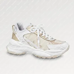 Explosion NUOVA sneaker da donna 1ABHR3 Run 55 pelle di agnello metallizzata stagione estiva denim tela costruita tomaia in lycra spoiler color oro comfort posteriore Beige gomma sollevata