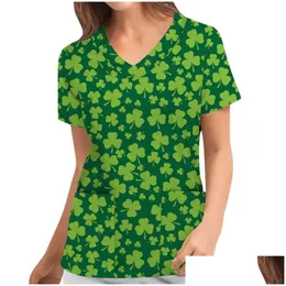 T-shirt da donna T-shirt da donna da donna Non-Positioning St. Patrick Leaf Print Manica corta Carer Top Scollo a V Top estivi Moda T allentata Dhlyc