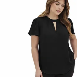 plus Size Keyhole Frt Summer Elegant Blouse Women Short Ruffle Sleeve Loose Black Busin Casual Chiff Blouse Shirt 7XL 8XL a0zP#