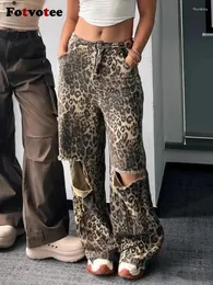 Kvinnors jeans Fotvotee Leopard rippade för kvinnor Retro Wide Leg Pants 2024 Spring Summer Overdized Streetwear Denim Straight