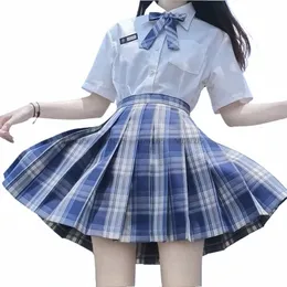 Xadrez azul JK doce uniforme japonês de duas peças saia plissada Hipster Uniformes Estudiantes Uniforme escolar roupas femininas A4Pz #