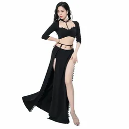 belly Dancer Costume Suit Women Cott Lg Sleeves Top+spalit Lg Skirt 2pcs for Girl's Oriental Belly Dancing Wear Outfit a1Gg#