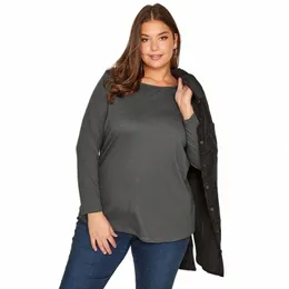 Plus Size Primavera Outono Casual Cott T-shirt Lg Manga Solta Sólida Cinza Escuro Básico Tops Tee Feminino Blusa Tamanho Grande 5XL 6XL 94vN #