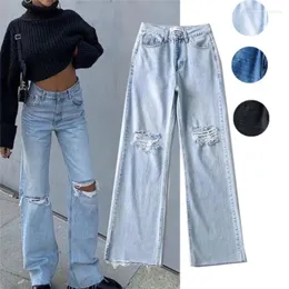 Kvinnors jeans amerikansk stil hål kvinnor vår hög midja lös trasig kant rak denim byxor mode vintage trend länge