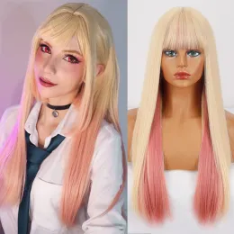 Peruklar voguesi sarı/pembe saç sentetik peruklar uzun düz peruklar ısıya dayanıklı kadınlar günlük/cosplay doğal siyah ila kahverengi/gri peruklar