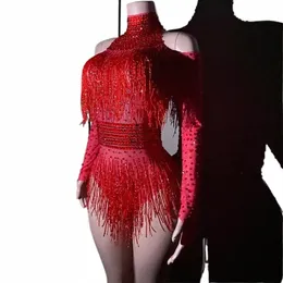 red Rhinestes Fringed Bodysuit Women Gogo Dance Rave Outfit Dj Ds Stage Jazz Clothes Clubwear Drag Queen Costumes r1fl#