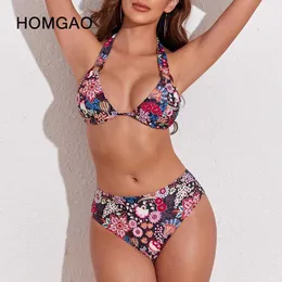 Mulheres Swimwear HOMGAO ORing Retro Impresso Bikini Set Sexy Brasileiro Vneck Mulheres 2023 Terno de Natação Terno de Natação Terno de Natação Duas Peças Terno de Natação Praia Biki