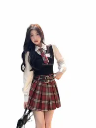 2024 new korea style women improved suit uniform lg sleeve shirt jk high waist plaid skirt slimming two-piece jk suit set w238 E1mr#