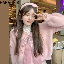 Кардиганская женщина Harajpoo Японский Bownot Kawaii Pink Sweater осень 2024 г. Новый стиль укороченный V -шей -вязаные свитера одиночная грудь