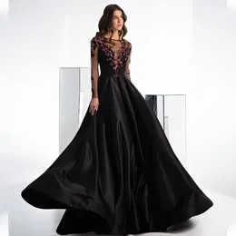 Party Dresses Black Long Sleeves Lace Applique Satin A Line Evening Custom Made 2024 Formal Grown Prom