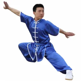 Tradicial Chinês Kung Fu Wushu Roupas Wing Chun Uniformes de Artes Marciais Adulto Crianças Azul Vermelho Preto Manga Curta Tai Chi Terno I1TK #