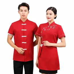 Hotel roupas de trabalho verão feminino chinês catering uniforme estilo natial flor de ameixa tang terno chá casa garçom manga curta A F2of #