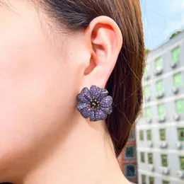 Серьги-гвоздики Pera Blooming Purple CZ Циркон Большой Подсолнух Очарование Черное Золото Цвет Ювелирные Изделия Для Женщин Подарок На Юбилейную Вечеринку E766