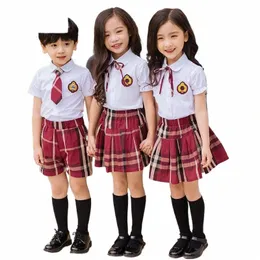 Barn Koreanska skoluniform för primära dagispojkar flickorShort ärmskjorta röd rutig kjolkläder set kördräkter R7GW#