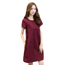 Casual Dresses Summer Cotton Linen Pullovers Female O Neck Solid Color Thin Shirt Dress Women's Short Sleeve Plus Size