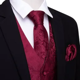 Tasarımcı Yelek Erkekler İçin İpek İşlemeli Kırmızı Bordo Paisley yelek kravat Cep Meydanı Seti İnce Fit Düğün Takım Barry Wang