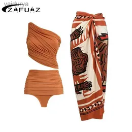 Mulheres Swimwear ZAFUAZ 2024 Um Ombro Maiô Sexy Mulheres Biquíni Beachwear Vestido Vintage Cintura Alta Biquínis Set BathingSuit Saia yq240330