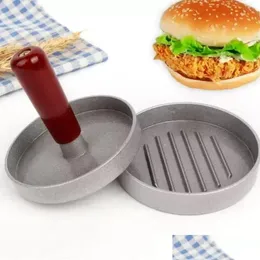 Köttfjäfäverktyg aluminiumlegering rundform hamburger press kök verktyg trähandtag non-stick hamburgare hamburgare mögel nötkött dhqnk