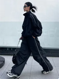 90s Vintage Black Women Y2K Street Zip-Up Jacket Loose Wide Leg