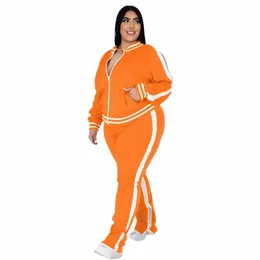 Plus Größe L-5XL Zwei Stück Set Frauen Sweatsuit Reißverschluss Gestreiftes Top Schlitz Jogginghose Jogger Outfit Passenden Set Großhandel Dropship M0Mz #