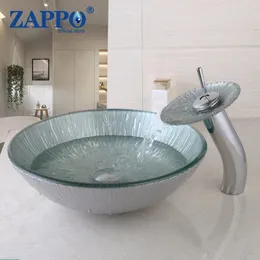 Badezimmer-Waschtischarmaturen ZAPPO, rundes künstlerisches Gefäß aus gehärtetem Glas, Waschtisch-Waschbecken-Wasserhahn-Kombinations-Waschtischmischer-Set