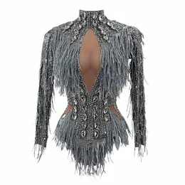 sparkly Rhineste sier Fringes Bodysuit Dance drag queen Costume Big Crystals Bodysuit Tassel DJ DS club birthday Party Stage S2Cr#