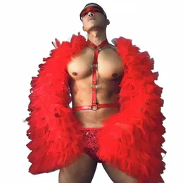 fluffy Sleeves Coat Male Stage Wear Sexy Pole Dance Costume Red Chest Straps Sequins Shorts Nightclub Gogo Dancer Outfit VDB7988 v4lx#